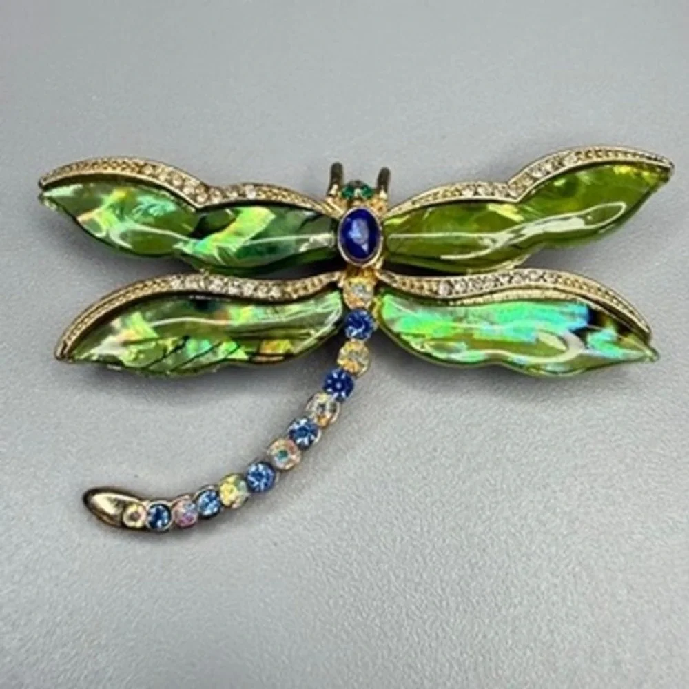 Large‎ Dragonfly Brooch Green Blue Rhinestone Whimsical Insect